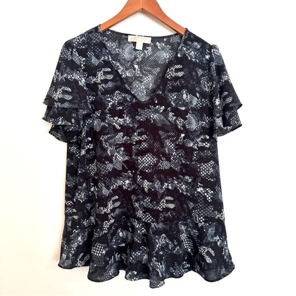 Michael Kors Blue and White Snakeskin print top with Ruffles Size Large